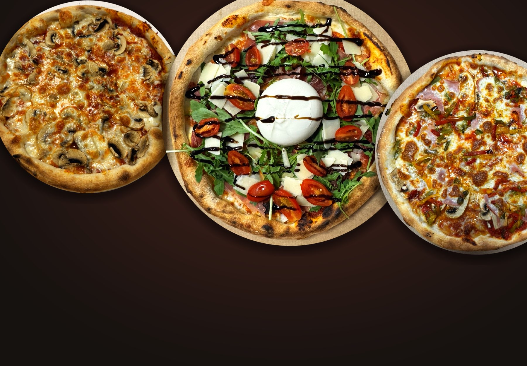 Trois pizzas de la Pizzeria Gusto : funghi, burrata et une pizza garnie